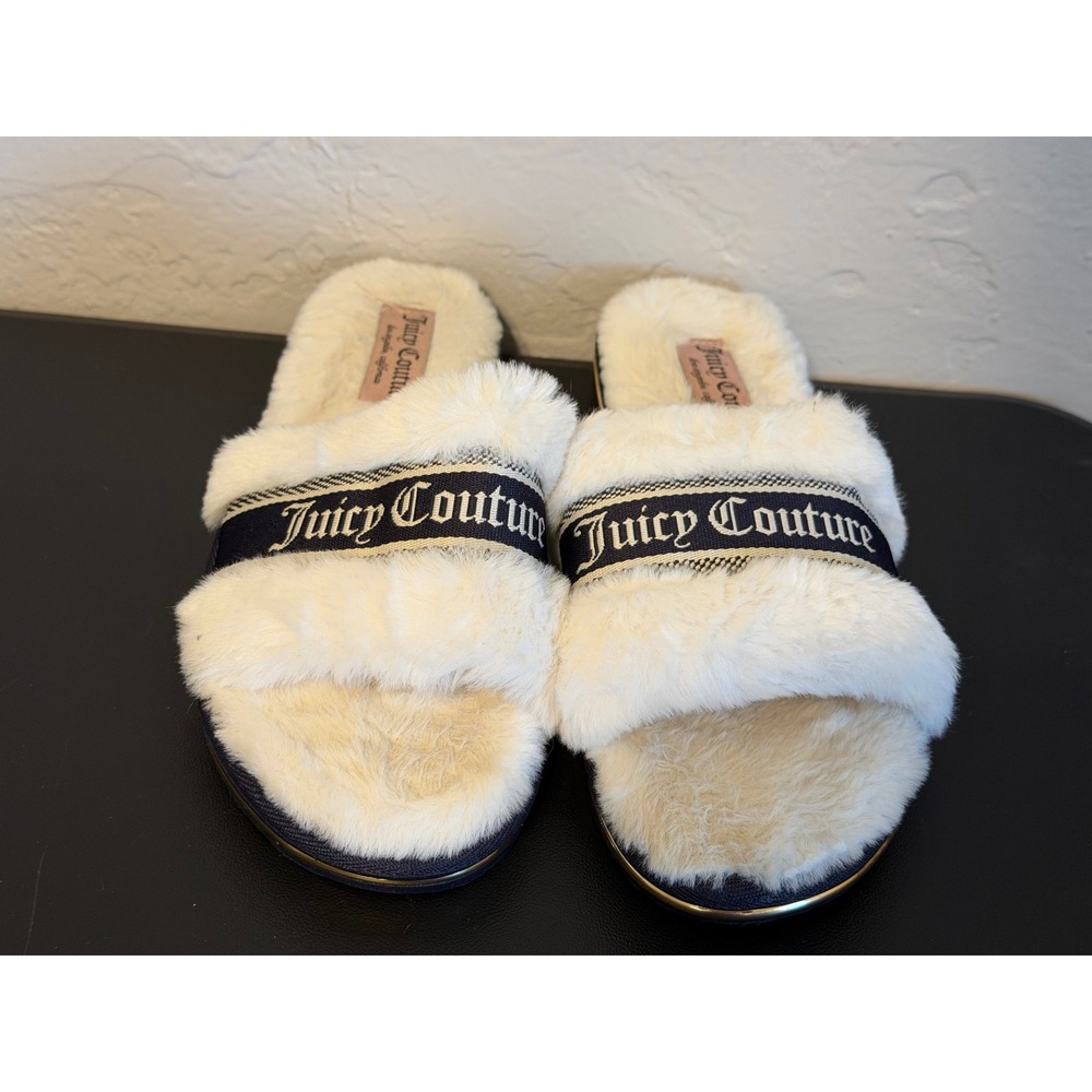 Juicy Couture JC-Valor Faux Fur Slide Slippers Navy White Gold Logo Womens XL